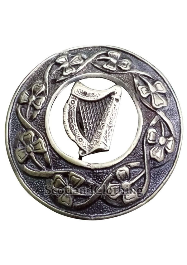 Scottish Fly Plaid Brooch Irish Harp Emblem Silver Finish 3"/Irish Brooches Harp 