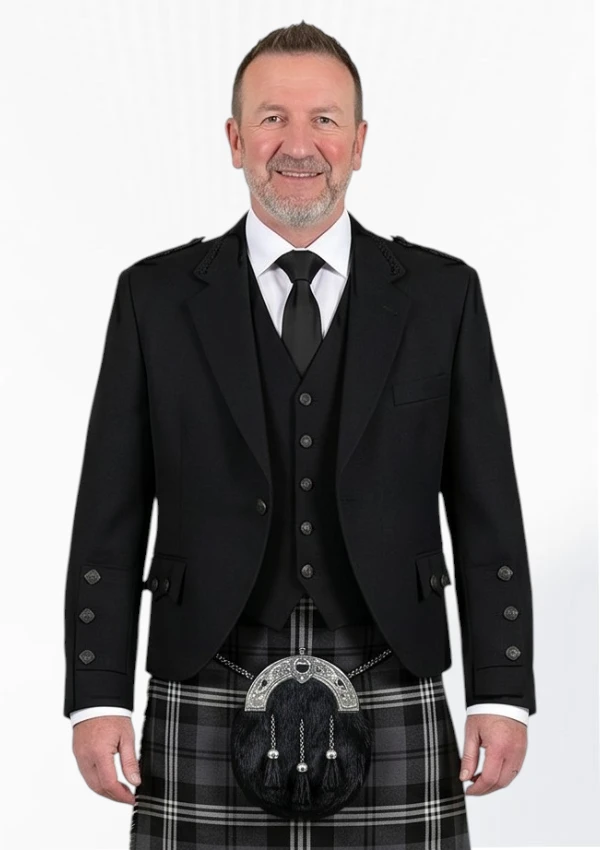 Black Argyle Tweed Jacket with Vest Front View