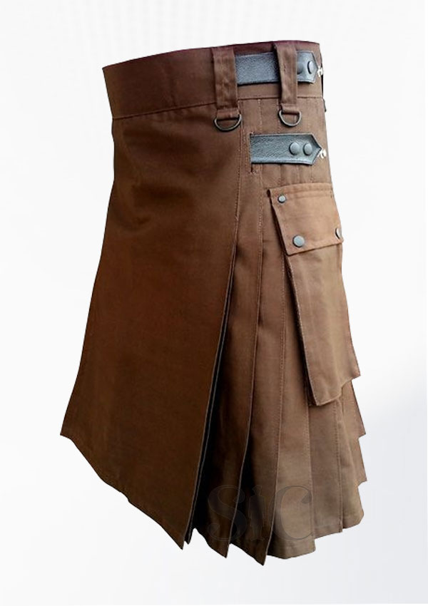 Falda escocesa utilitaria marrón con diseño de cuero 5