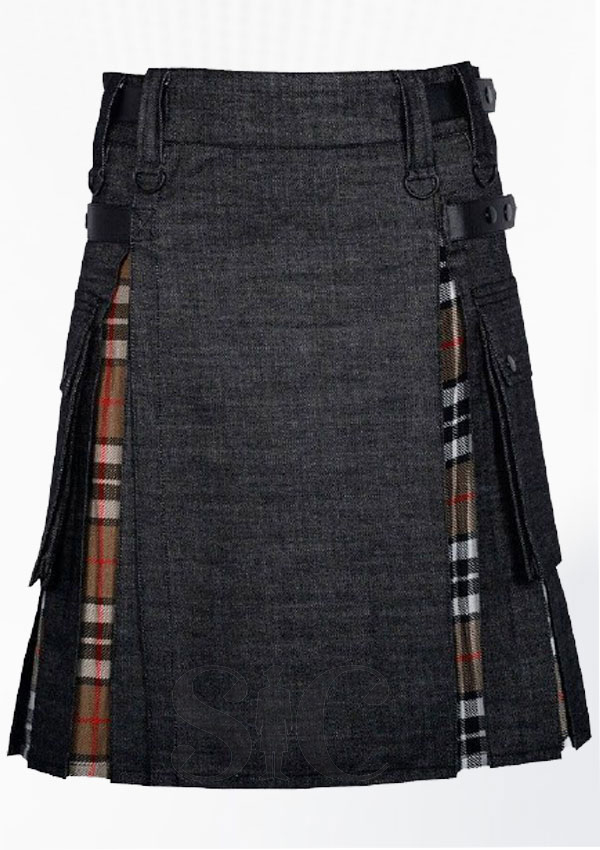 Falda escocesa utilitaria híbrida de mezclilla negra de tartán Campbell 27