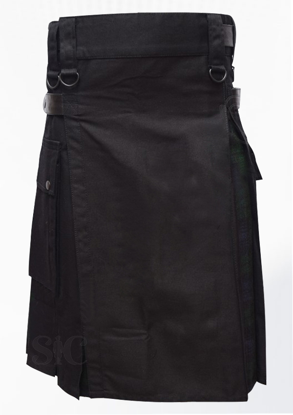 Hybrid Decent Black And Back Watch Tartan Box Pleat Utility Kilt Attached Pockets Design 60
