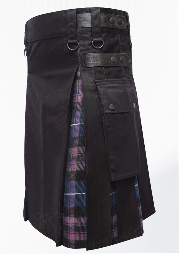 Hybrid Decent Black And Pride Of Scotland Tartan Box Pleat Utility Kilt Attached Pockets Design 57