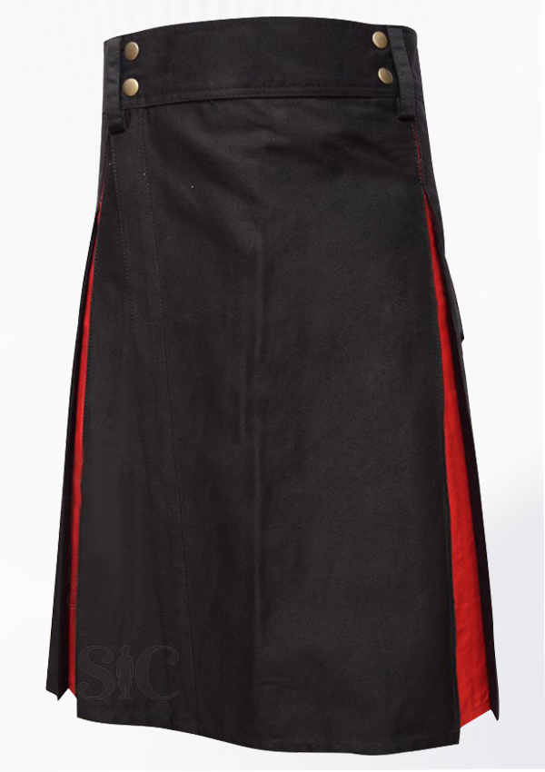 Hybrid Decent Box Pleat Utility Kilt Attached Pockets Black And Red Cotton Design 63