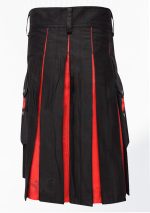 Hybrid Decent Box Pleat Utility Kilt Attached Pockets Black And Red Cotton Design 63