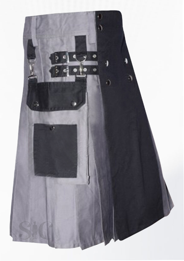 Hybrid Tactical Kilt With Detachable Pockets Black And Gray Cotton Design 79