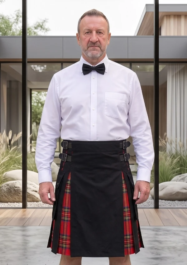 Men's Black Cotton & Royal Stewart Tartan Hybrid Kilt