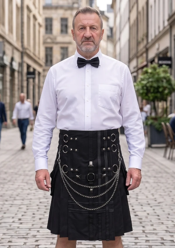 Men's Black Cross Gothic Cargo Utility Kilt