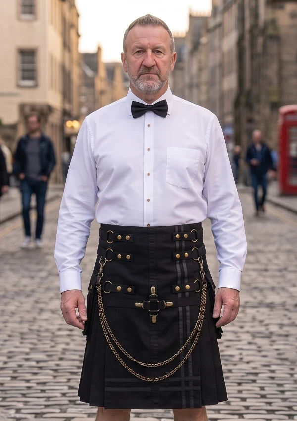 Men's Black Fashion Hybrid Kilt With Chain Men's Black Fashion Hybrid Kilt With Chain