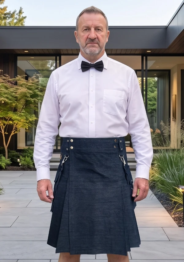 Men's Plain Black Denim Kilt