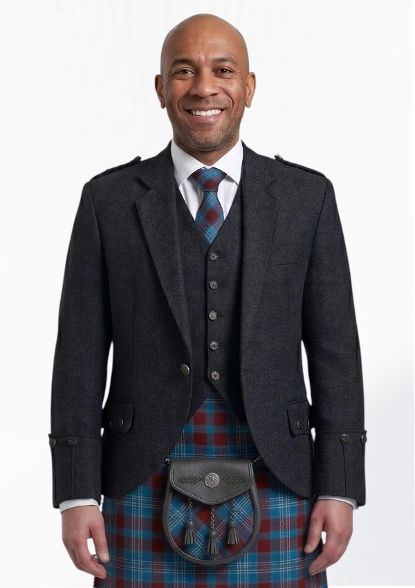 Men's Scottish Black Argyle Jacket with Vest Front View