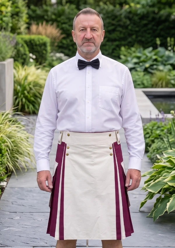 Men's White & Burgundy Cotton Utility Kilt Men's White & Burgundy Cotton Utility Kilt