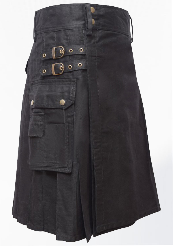 Falda escocesa utilitaria negra moderna con correa y broches ajustables de latón 72