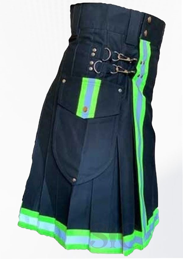 MEN'S BLACK HANDMADE FIREFIGHTER KILT WITH HIGHLY VISIBLE REFLECTOR 100% COTTON 