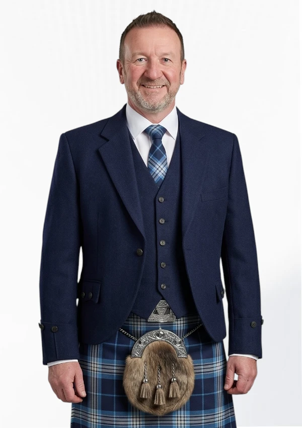 Navy Blue Tweed Argyle Jacket with Vest Front View