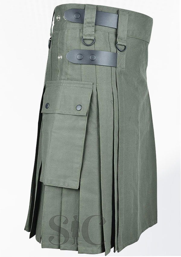 Olive Green Cotton Utility Kilt For Men Design 52