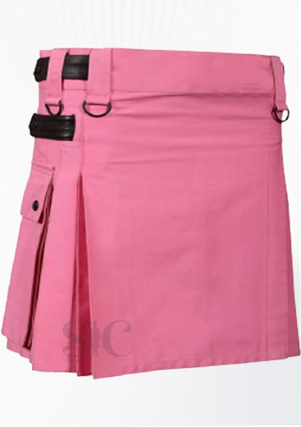 Pink Women Utility Kilt con diseño de correa de cuero 11