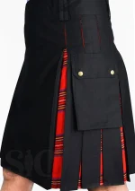 Premium Quality Custom Made Scottish Black Cotton & Royal Stewart Tartan Hybrid Kilt Side