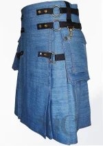 Premium Quality Hand Made Scottish Blue Denim Kilt Side