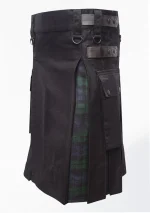 Premium Quality Hand Made Traditional Scottish Black Cotton & Black Watch Hybrid Kilt Left Side