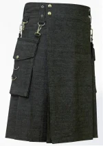 Premium Quality Hand Made Traditional Scottish Black Denim Kilt Right Side