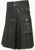 Premium Quality Hand Made Traditional Scottish Black Denim Kilt Side