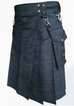 Premium Quality Traditional Scottish Black Denim Kilt Left Side