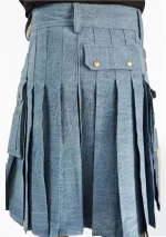Premium Quality Traditional Scottish Sky Blue Denim Utility Kilt Back