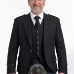 Scottish Men Black Argyle Jacket with Vest Front View
