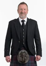 Scottish Men Black Argyle Jacket with Vest Front View