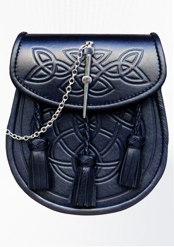 Black Embossed Leather with Thistle Badge Sporran for Kilts Includes Chain Belt 