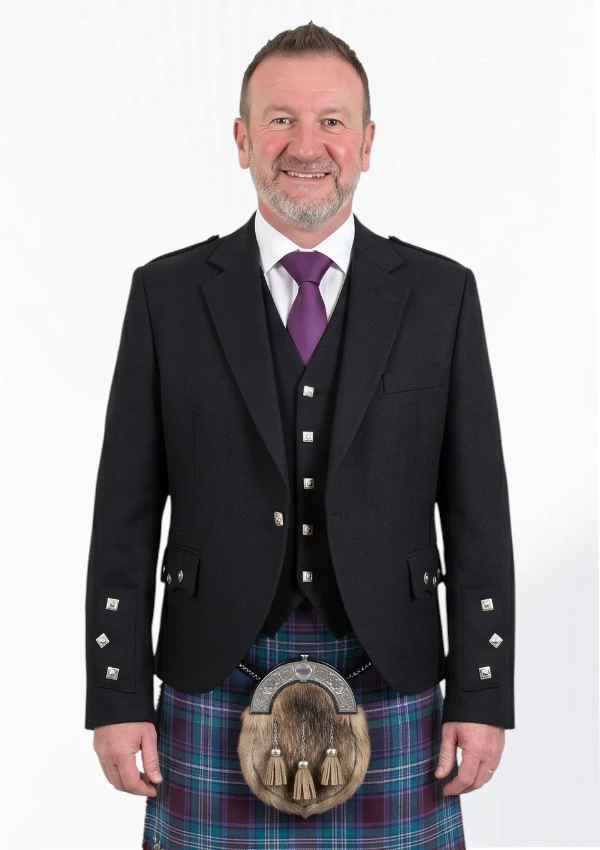 Men's Black Argyle Jacket with Vest Front View