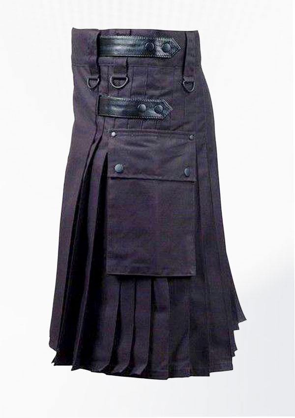 Hochwertiger schwarzer Utility-Kilt mit Lederriemen Design 94