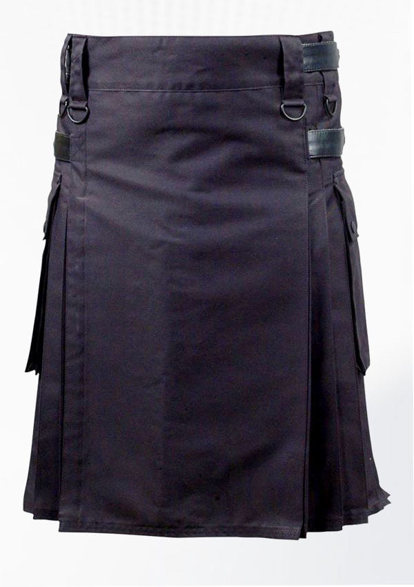 Kilt utilitario negro de primera calidad con diseño de correa de cuero 94