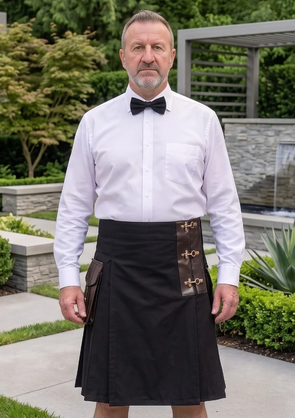Men's Black Zip Fastening Utility Kilt