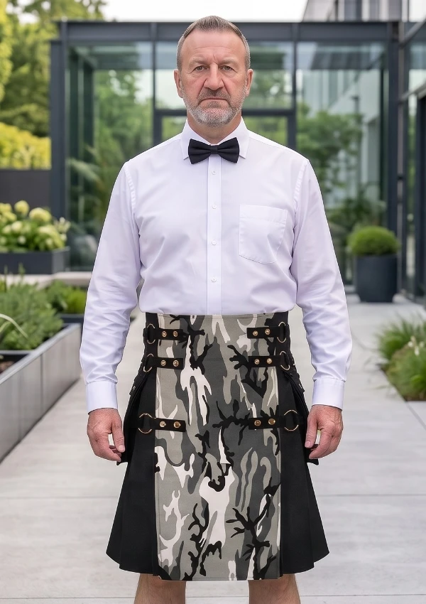 Men's Black and White Cargo Utility Kilt