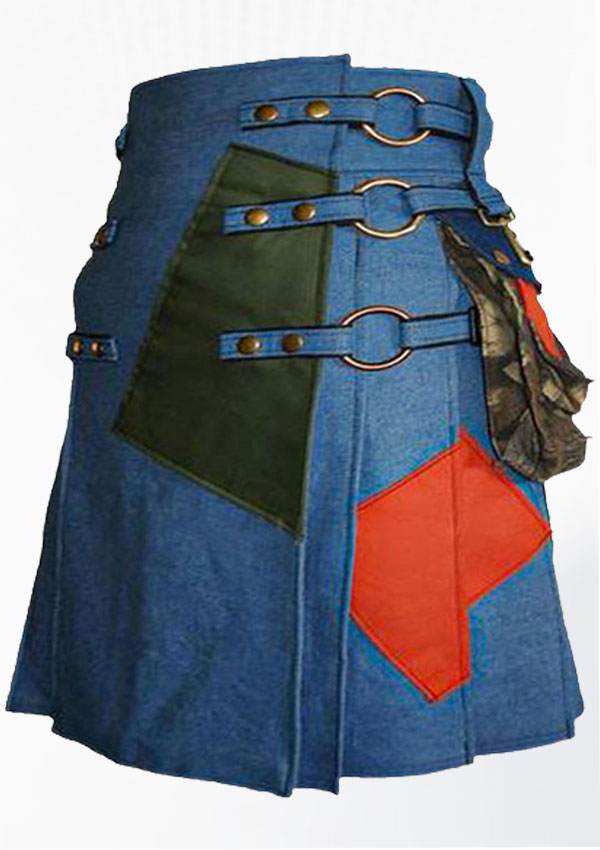 Premium Quality Cargo Pocket Blue Denim Gothic Kilt Design 15