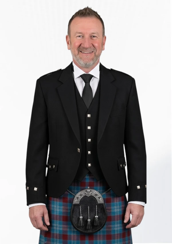 Black Tweed Wool Argyle Jacket with Vest Front View