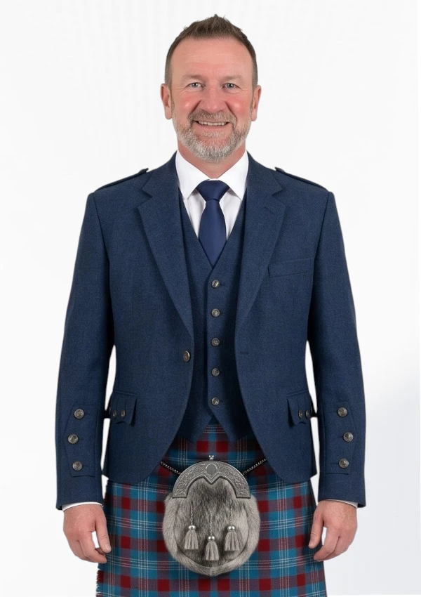 Blue Tweed Wool Argyle Jacket with Vest Front View