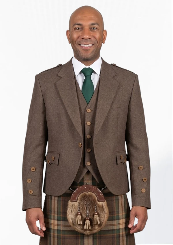 Light Brown Tweed Wool Argyle Jacket With Vest Front View