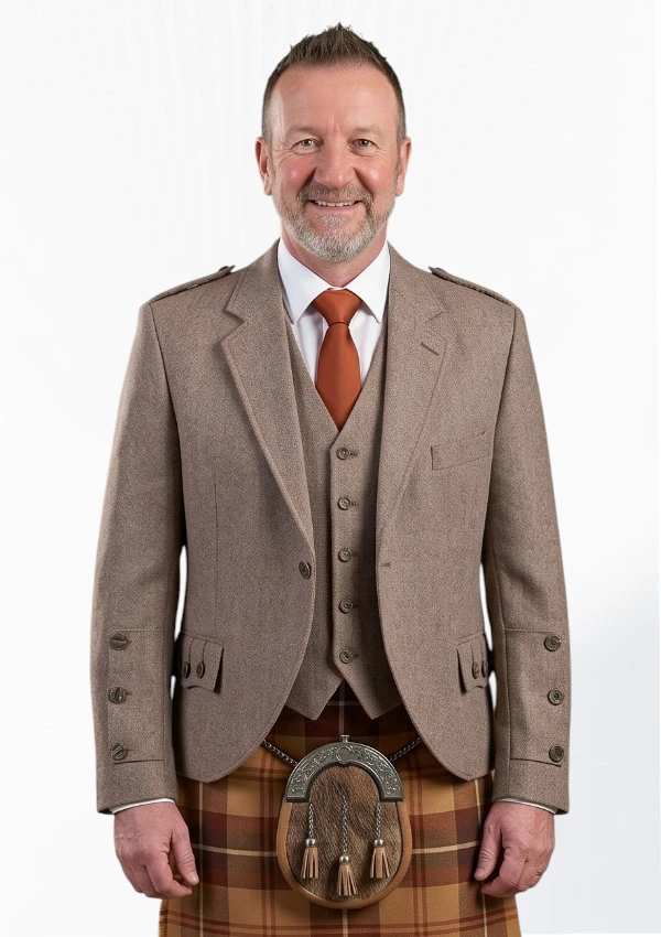 Light Brown Tweed Wool Argyle Jacket with Vest Front View
