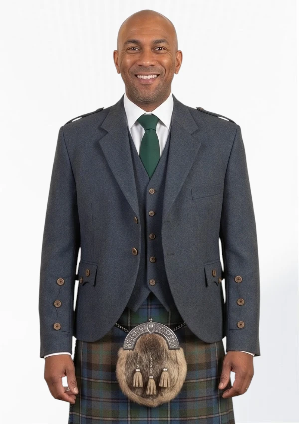 Scottish Charcoal Tweed Wool Argyle Jacket with Vest Front View