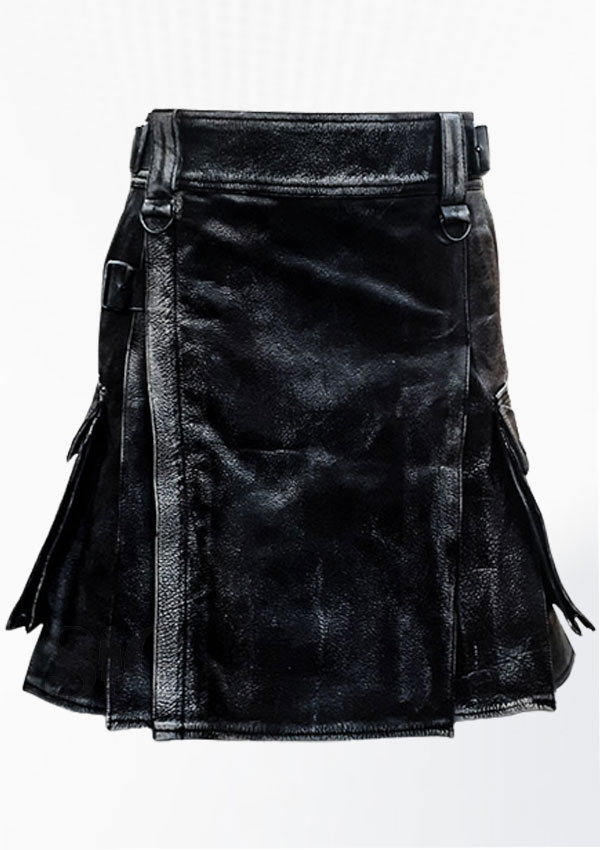 Premium Quality Black Waxed Leather Kilt Design 54