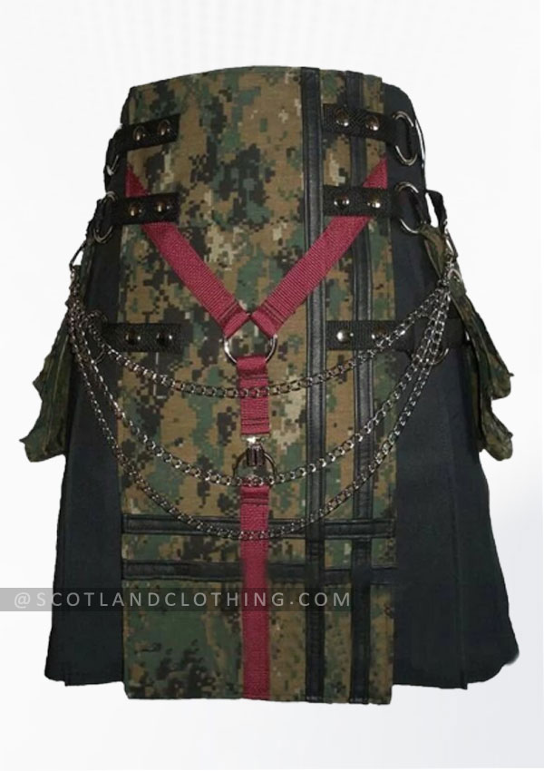 Premium Quality Black Canvas Camouflage Kilt Chains Design 14