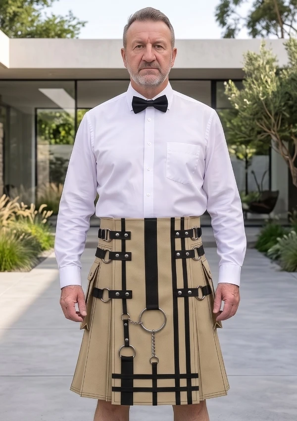 Men's Fashion Khaki Utility Kilt With Side Pocket