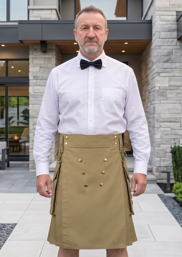 Men's Khaki Utility Kilt Brass Button