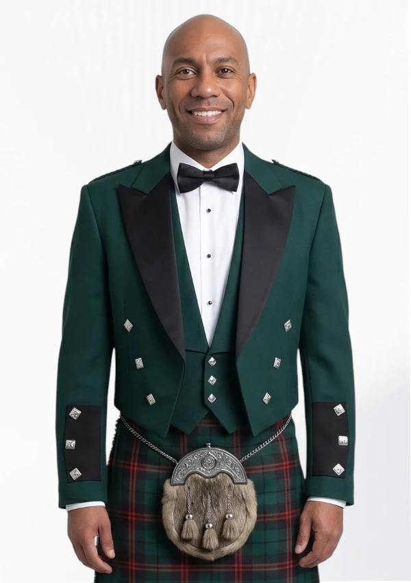 Green Scottish Prince Charlie Jacket with Vest Front View