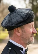 Grey Night Tartan Tam o Shanter Hat with Pom
