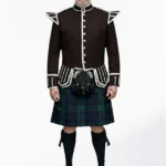 Black Watch Tartan Doublet Kilt Outfit with Dark Brown Jacket Front