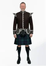 Black Watch Tartan Doublet Kilt Outfit with Dark Brown Jacket Front