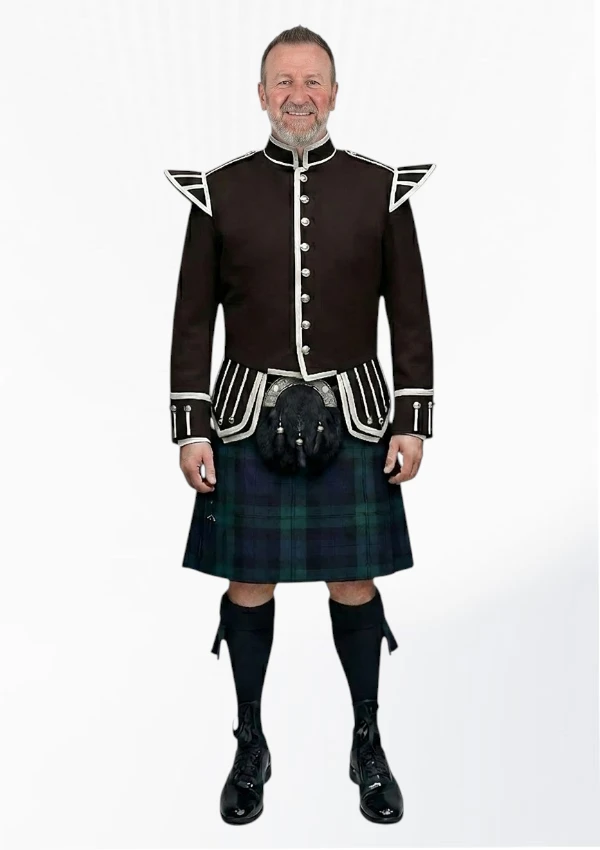 Black Watch Tartan Doublet Kilt Outfit with Dark Brown Jacket Front